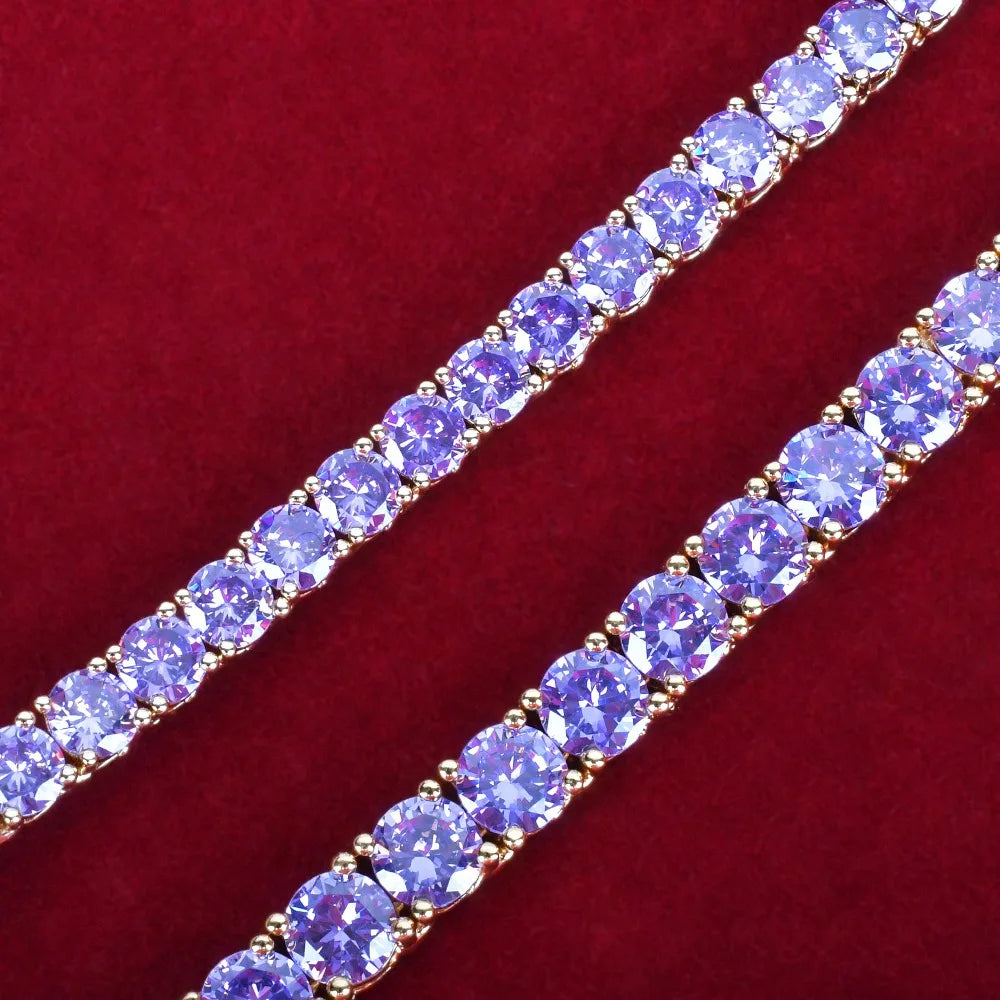 Purple Tennis Chain Necklace Hip Hop Rock Street Jewelry AAAAA Cubic Zirconia 24K Real Gold Color Plated
