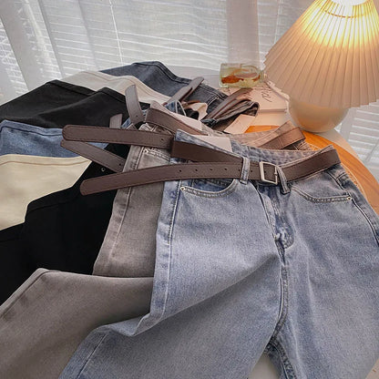 Straight Jeans Women with Belt Vintage Basic Blue Ankle-length Denim Pants Boyfriend Gray Jeans Korean 2021
