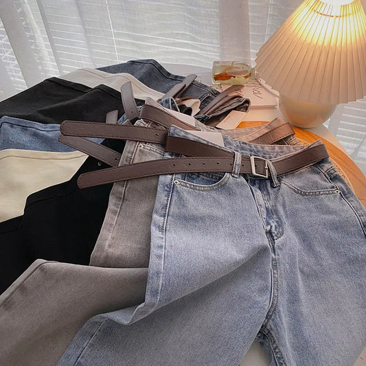 Straight Jeans Women with Belt Vintage Basic Blue Ankle-length Denim Pants Boyfriend Gray Jeans Korean 2021