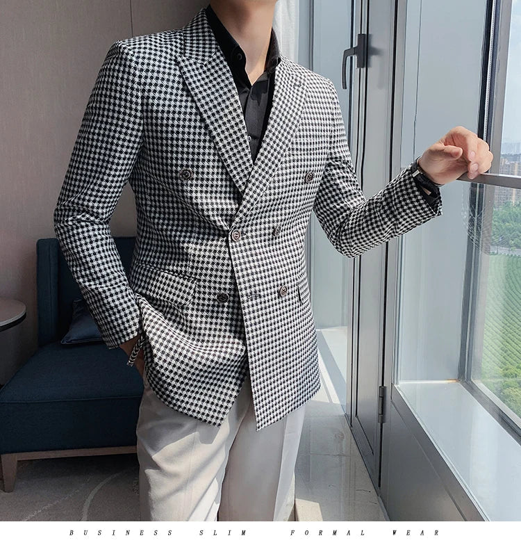 British Style Slim Fit Houndstooth Blazer For Men 2023 Fashion Double Breasted Business Office Wedding Dress Suit Jacket