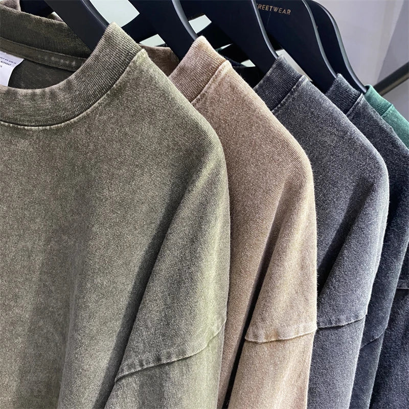 2025 High Street Summer Washed Cotton T-Shirt Tees For Men Unisex Loose Retro Solid T Shirts Brand Tops HY0113