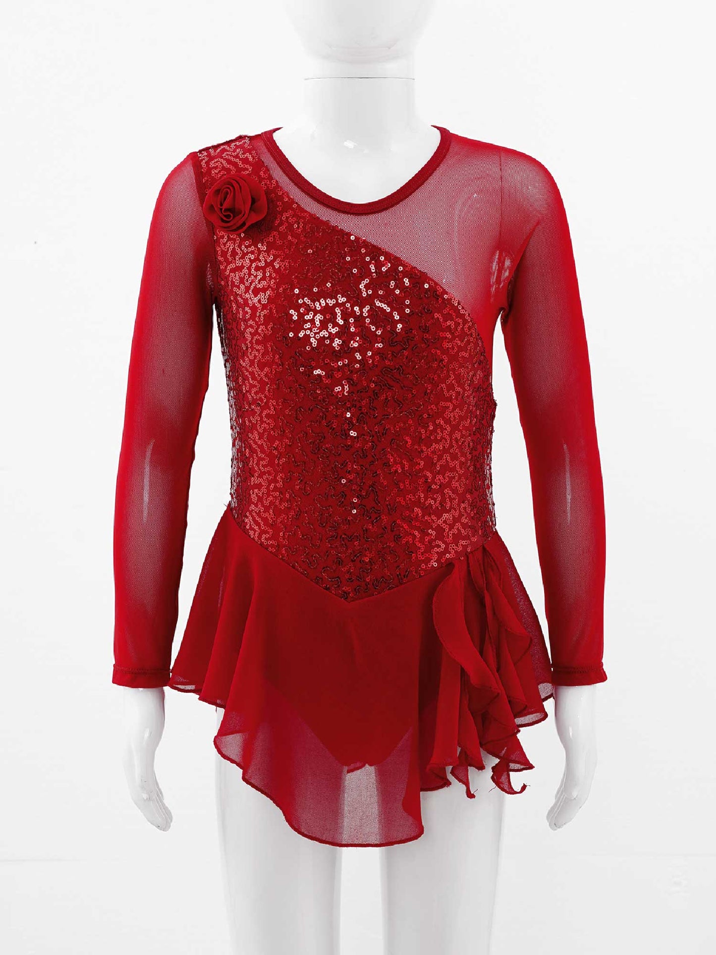 Girls Figure Ice Skating Dress Sparkly Sequin Gymnastics Dance Ballet Tutu Leotard Kids Long Sleeve Mesh Splice Dance Costume