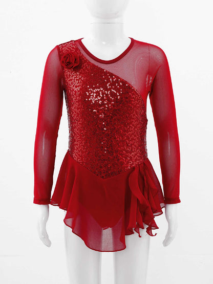 Girls Figure Ice Skating Dress Sparkly Sequin Gymnastics Dance Ballet Tutu Leotard Kids Long Sleeve Mesh Splice Dance Costume