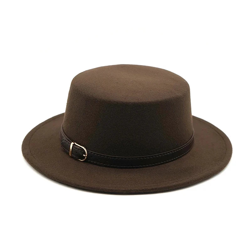 New Retro Winter Autumn women men Top hat Imitation Woolen Felt Fedora Hats Belt buckle Decorated ladies Boater Hat flat brim