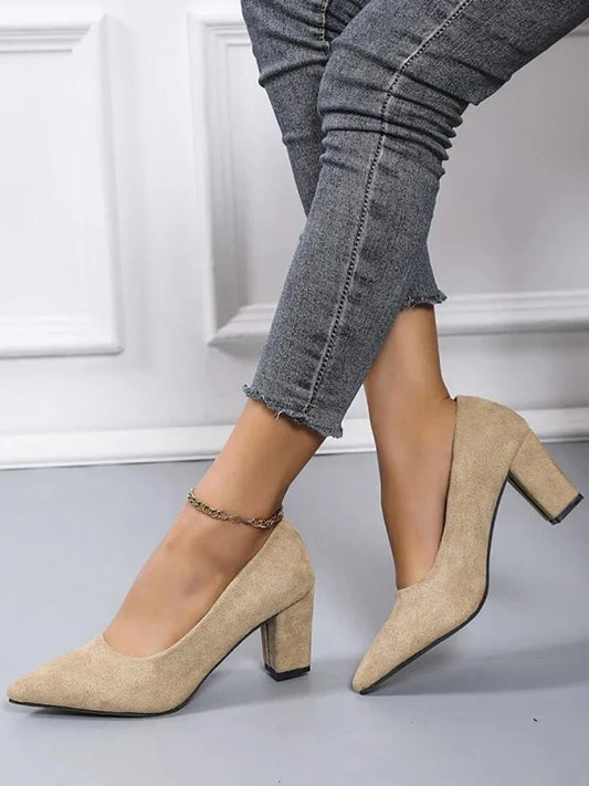 2025 New 7cm Chunky Heels Women Pumps Shoes Students And Mom Beige Suede Wedding Party Leisure Square Heels Plus Size