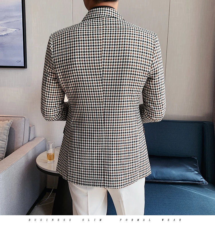 British Style Slim Fit Houndstooth Blazer For Men 2023 Fashion Double Breasted Business Office Wedding Dress Suit Jacket