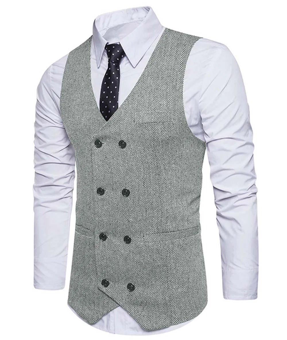 2022 New Men's Royal Blue Double-breasted Vest Suit Vest Casual Top Quality Herringbone Pattern Waistcoat For Wedding