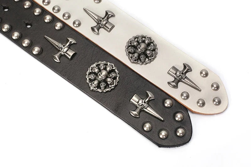 3.8CM Real Genuine Leather Vintage Metal Skull Punk Men Jeans Belt Stud Cowboy Strap Cinturon Ceinture Homme Riem Belts