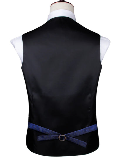 Navy Blue Mens Vest Formal Paisley Waistcoat Jacket Tie Handkerchief Cufflinks Set For Male Dress Suit Wedding Party