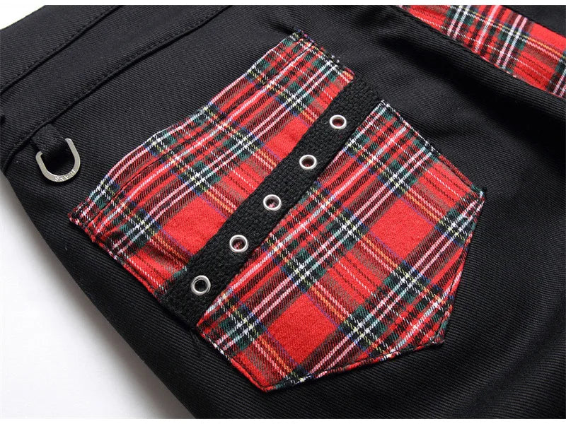 Men Punk Jeans Trendy Scotland Plaid Tartan Black Denim Pants Streetwear Rivet Patchwork Spliced Slim Straight Trousers