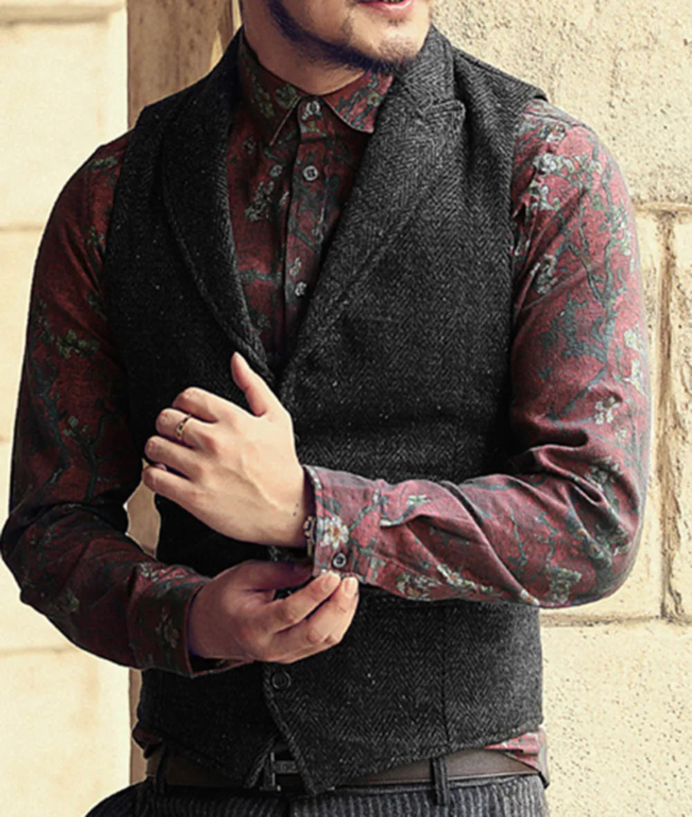 Men's Classic Suit Vest Herringbone Pattern Business Waistcoat Notch Lapel Wool Tweed Groomsmen Waistcoat For Wedding