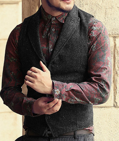 Men's Classic Suit Vest Herringbone Pattern Business Waistcoat Notch Lapel Wool Tweed Groomsmen Waistcoat For Wedding