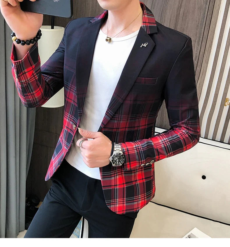 2022 Spring New Colorblock Plaid Blazer Men Slim Casual Man Blazers Wedding Business Party Clothing Dress Coat Blazer M-3XL