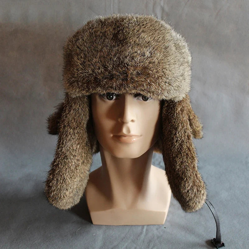 Winter Fur Bomber Hat Men Women Leather Russian Hat Snow Trapper Cap Warflap Ushanka