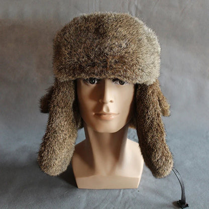 Winter Fur Bomber Hat Men Women Leather Russian Hat Snow Trapper Cap Warflap Ushanka