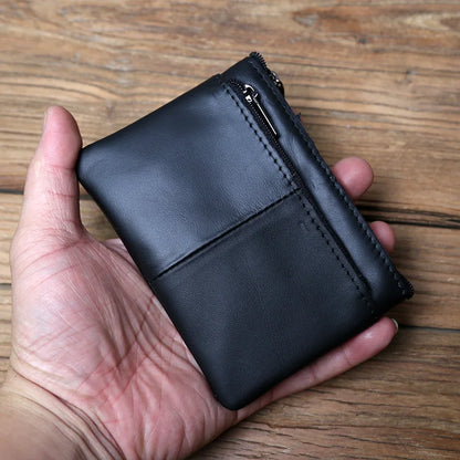 Men's Leather Zipper Coin Wallet First Layer Cowhide Mini Short Wallet Handbag Change Wallet