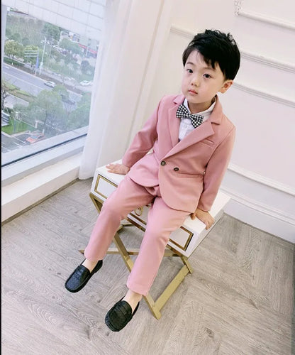 Teenager Boys Pink Black Jacket+Pants 2Pcs Clothing Set Gentleman Kids Formal Wedding Suit Children Performance Graduation Dress