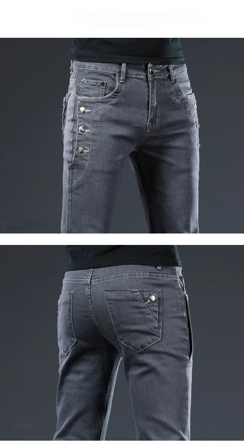 New Men Slim Button Black Skinny Jeans Solid Color Stretch Skateboard Multi-button Youth Male Denim Pants