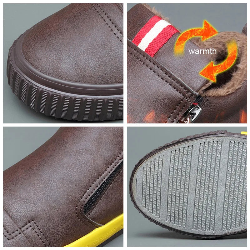 New Winter Men's Boots Soft Leather Plush Warm Snow Boots Waterproof Outdoor Footwear Men Work Boots Men Motorcycle Boots