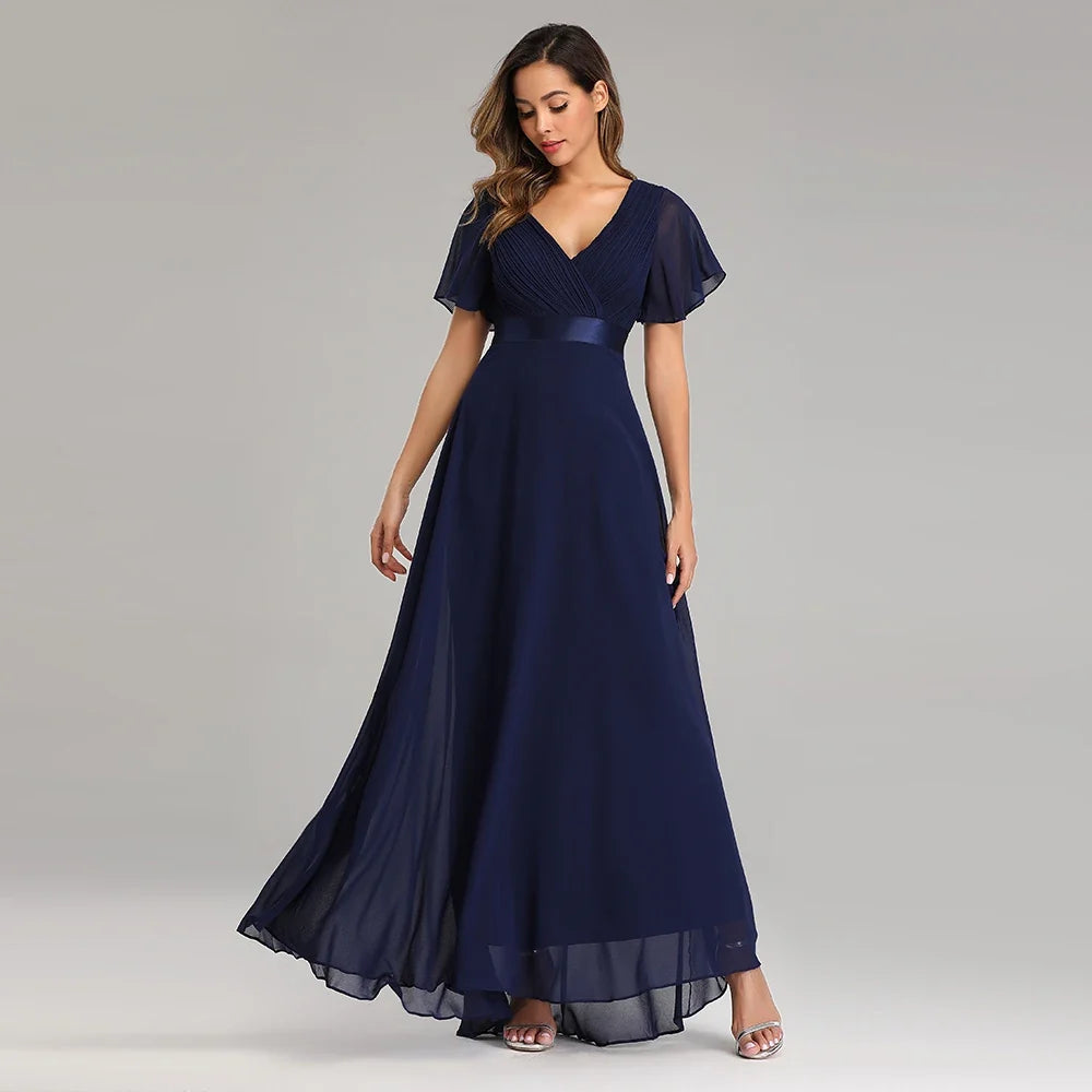 Evening Dresses Elegant V-Neck Ruffles Chiffon Formal Evening Gown  Robe Vestidos De Fiesta Dress for Wedding Party