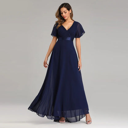 Evening Dresses Elegant V-Neck Ruffles Chiffon Formal Evening Gown  Robe Vestidos De Fiesta Dress for Wedding Party