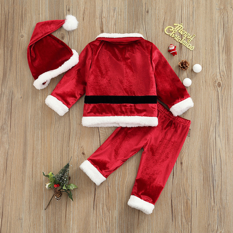 0-4Years Infant Baby Kids Santa Claus Costumes Fall Winter Christmas Suits Boy Girl Long Sleeve Tops+Trousers+Hat Velvet Outfits