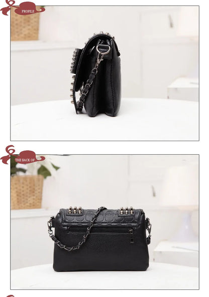 Women Black Leather Messenger Bags Single Skull Rivet Shoulder Bags Sac A Main Bolsa Black Vintage Sexy Bag Lady Drop
