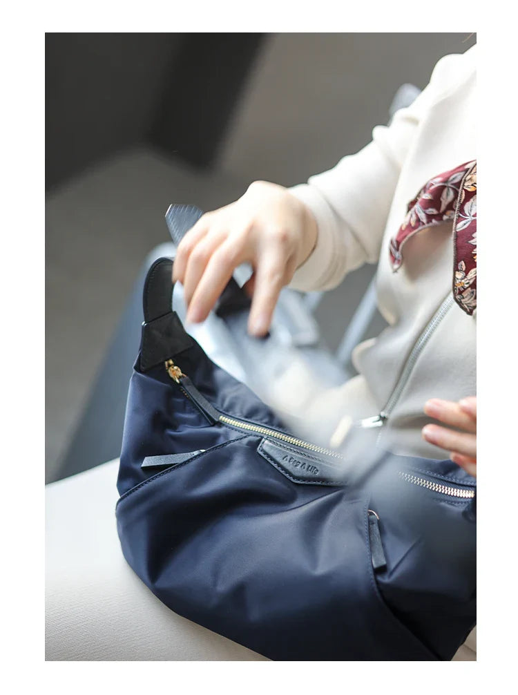 Lightweight Nylon Matching Genuine Leather Crossbody Bag High Quality Single Shoulder Bags Fashion Pleated Messenger Purses
