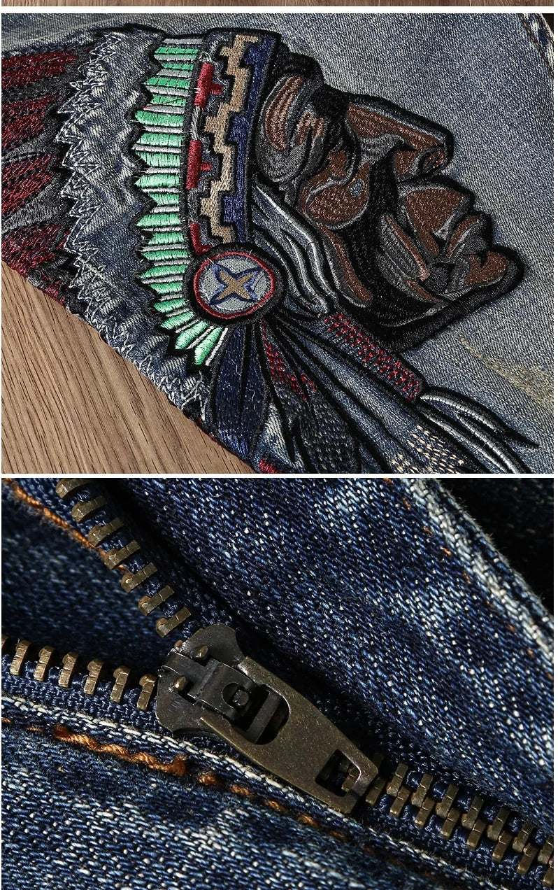 Indian Avatar Embroidered Jeans Men Scratch Long Cracks High Street Pants Soft Red Ears Blue Grey Slim 2020 Western Style
