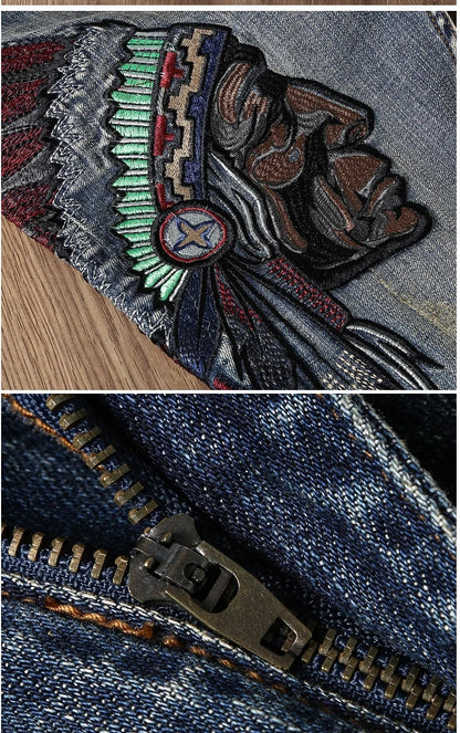 Indian Avatar Embroidered Jeans Men Scratch Long Cracks High Street Pants Soft Red Ears Blue Grey Slim 2020 Western Style