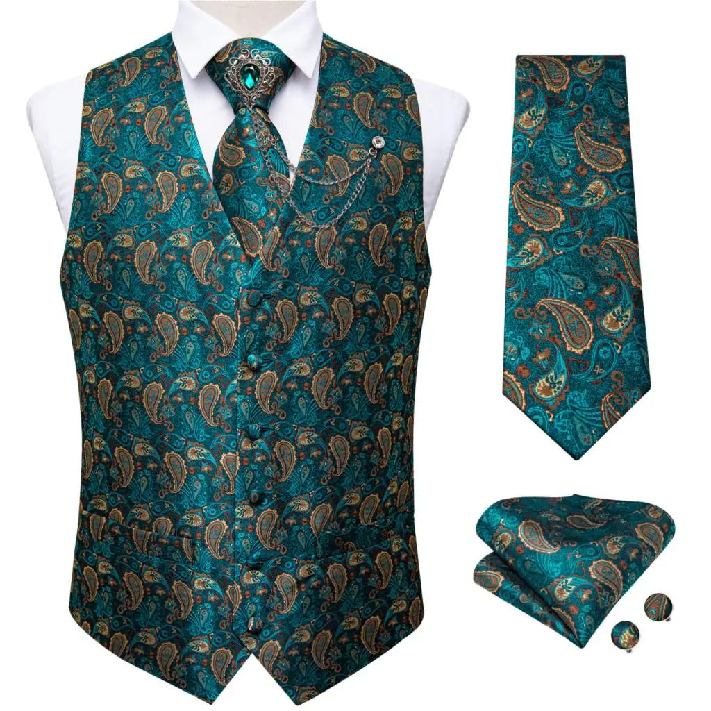 New Teal Green Paisley Formal Dress Vest Men's Suit Vest Waistcoat Tie Brooch Pocket Square Set for Tuxedo