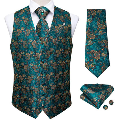 New Teal Green Paisley Formal Dress Vest Men's Suit Vest Waistcoat Tie Brooch Pocket Square Set for Tuxedo