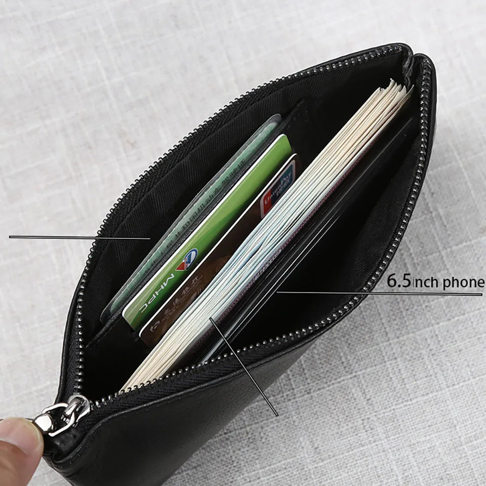 Men's Genuine Leather Long Zipper Wallet First Layer Cowhide Youth Ultra-Thin Handbag Wallet Trendy Brand Simple Wallet