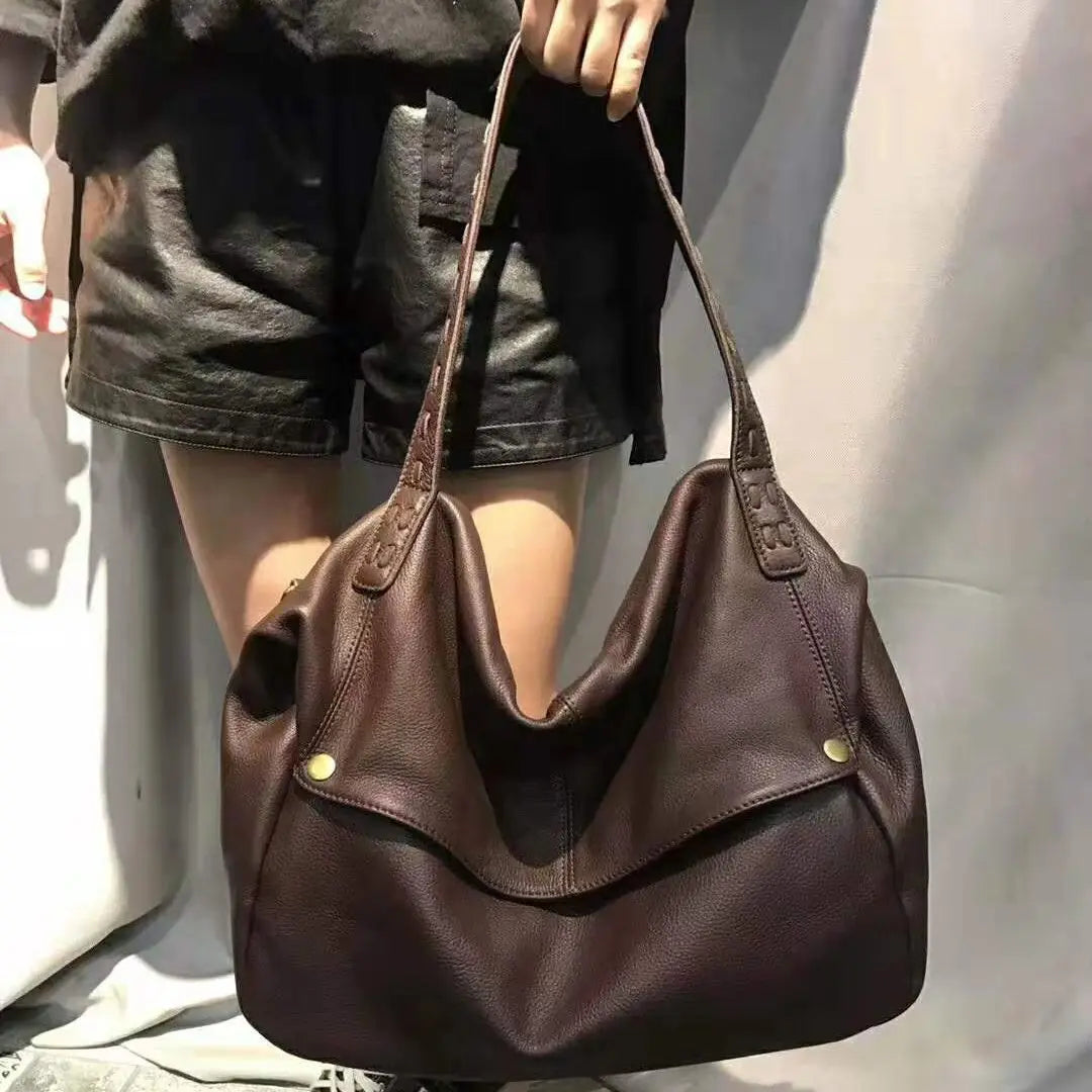 Women's 100% Genuine Cowhide Hobo Bag Large Capacity Soft Leather Shoulder Crossbody Vintage Handbag