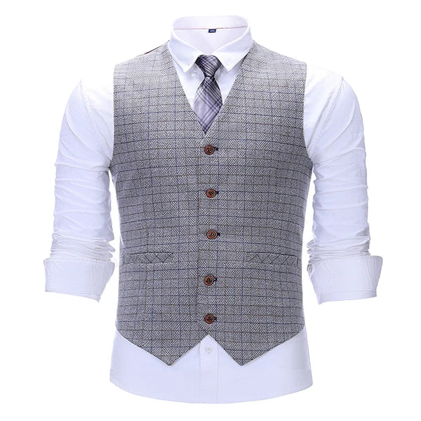 Men's Vintage Plaid Suit Vest Tweed Wool Waistcoat for Groomsmen for Wedding