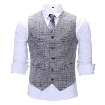 Men's Vintage Plaid Suit Vest Tweed Wool Waistcoat for Groomsmen for Wedding