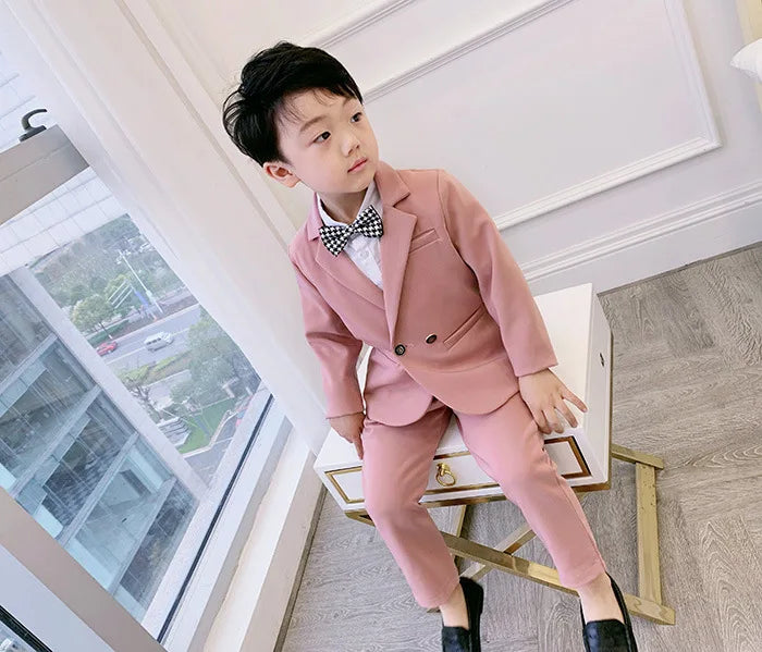 Teenager Boys Pink Black Jacket+Pants 2Pcs Clothing Set Gentleman Kids Formal Wedding Suit Children Performance Graduation Dress