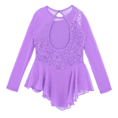 Girls Figure Ice Skating Dress Sparkly Sequin Gymnastics Dance Ballet Tutu Leotard Kids Long Sleeve Mesh Splice Dance Costume
