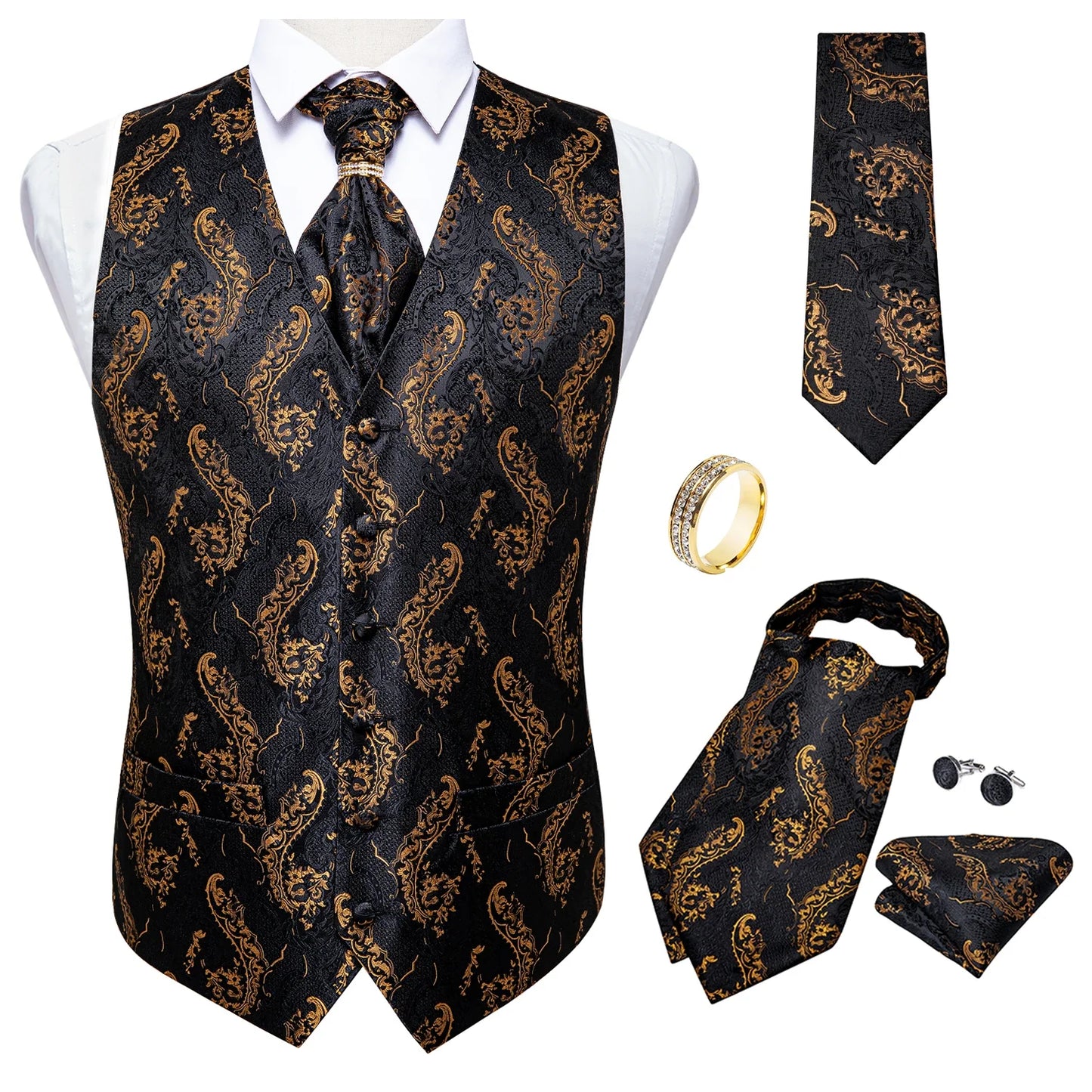 Men Gold Paisley Waistcoat Ascot Tie Pocket Square Necktie Ring Set Wedding Formal Dress Vests Sleeveless Jacket