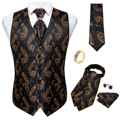 Men Gold Paisley Waistcoat Ascot Tie Pocket Square Necktie Ring Set Wedding Formal Dress Vests Sleeveless Jacket