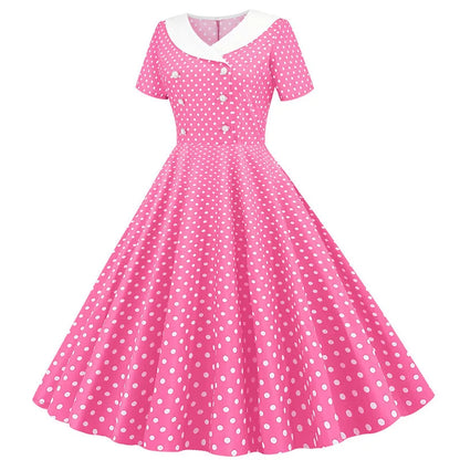 Summer Midi Dress Women Elegant Pink Vintage Party Sundress Casual Peter pan Collar Short Sleeve Dress