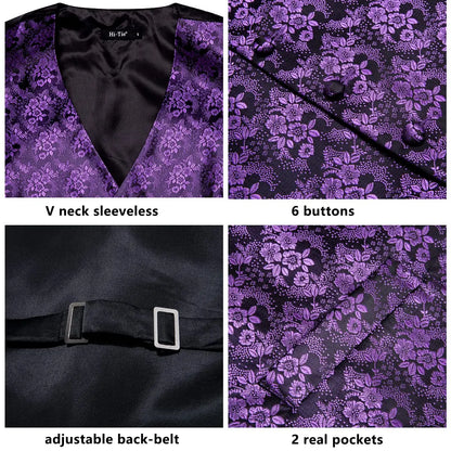 Navy Blue Mens Silk Vests Business Paisley V-Necl Waistcoat Tie Hanky Cufflinks Brooch Set for Men Suit Wedding Formal Hi-Tie