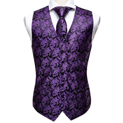 Silk Mens Vests Sleeveless Waist Jacket Jacquard Black Orange Floral Waistcoat Tie Hanky Cufflinks Set for Men Casual XXL