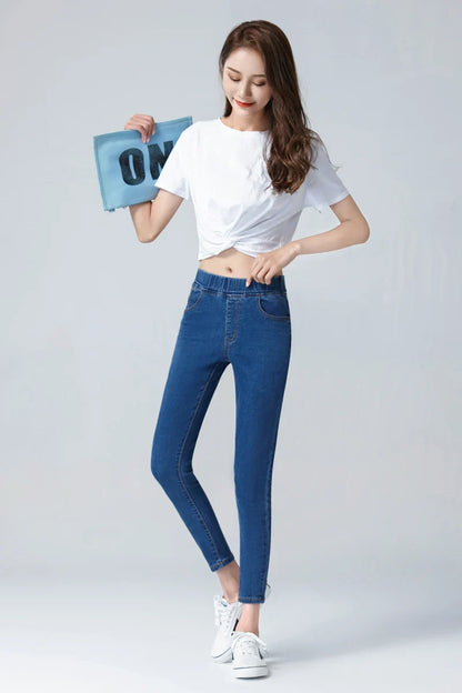 Women's Elastic high waist Skinny Jeans clothes 5XL 6XL fashion Women black blue pocket mom Jeans skinny Stretch Denim Pants