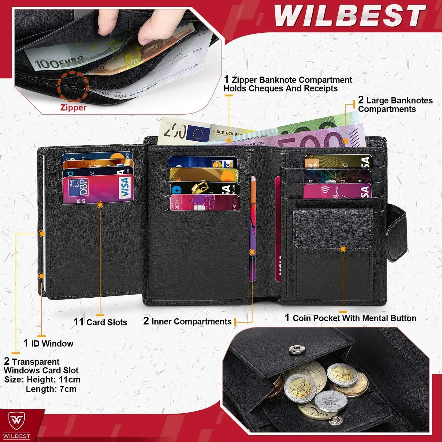Portefeuille en cuir véritable pour hommes, porte-monnaie professionnel, porte-cartes RFID, fenêtres transparentes, compartiment billets de banque et monnaie, noir