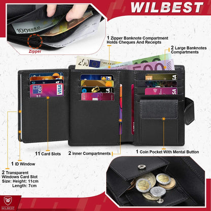 Portefeuille en cuir véritable pour hommes, porte-monnaie professionnel, porte-cartes RFID, fenêtres transparentes, compartiment billets de banque et monnaie, noir