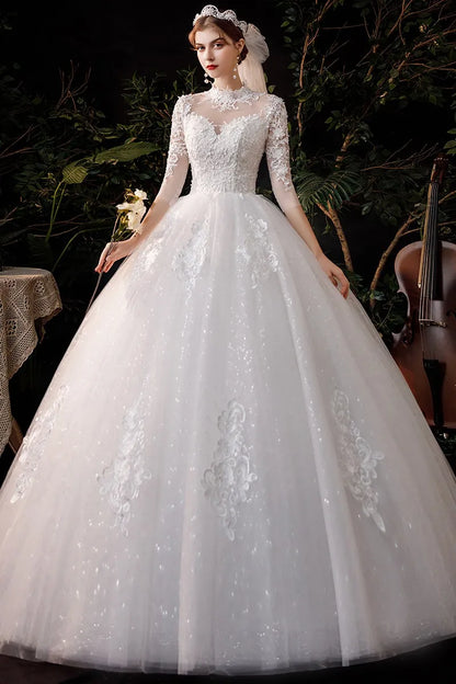 High Neck Wedding Dress 2024 Luxury Three Quarter Sleeve Lace Up Ball Gown Vestido De Noiva Plus Size Customized