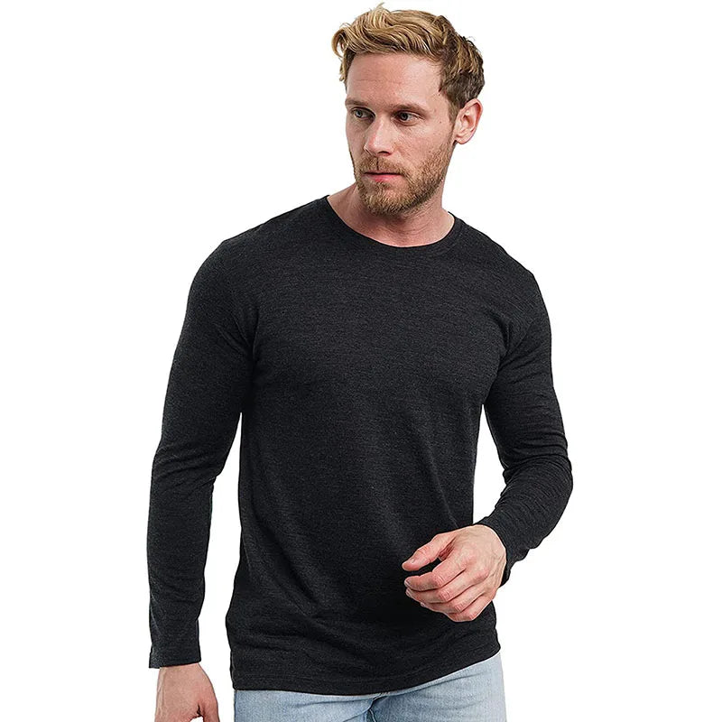 Men's 100% Merino Wool Thermal Long Sleeve T-Shirt Base Layer Breathable Wicking Anti-Odor Underwear for Outdoor Activities