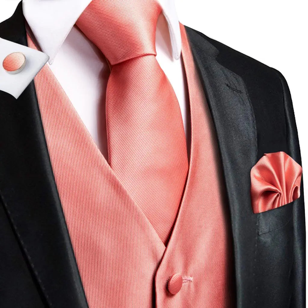 Luxury Silk Mens Vests Rose Gold Pink Striped Waistcoat Necktie Bowtie Hanky Cufflinks Set Waist Jacket For Men Wedding