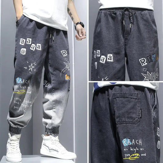 Printing Jeans Men's Gradient Hip Hop Trousers Harem Cartoon Loose Casual Ankle Banded Pants Cargo Denim Jeans Fashion